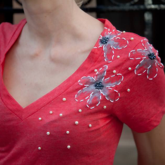 How to embellish a shirt collar with pearls